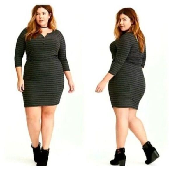 torrid Dresses & Skirts - Torrid Striped Henley Ribbed Knit Dress Plus Size 3X Gray Black Soft Knit Womens